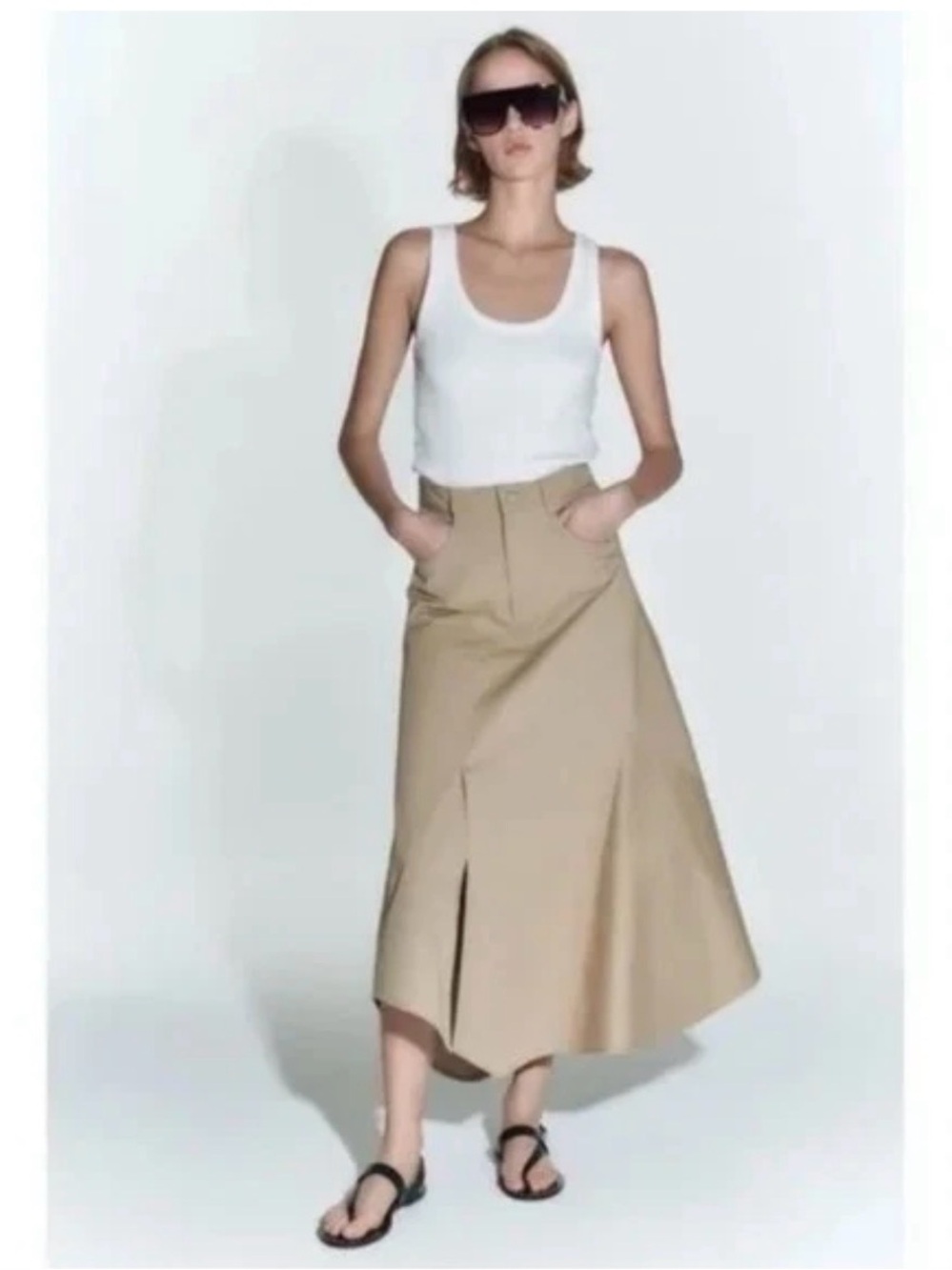 LIKE NEW/ZARA BEIGE-TAN ASYMMETRICAL POPLIN MIDI SKIRT SIZE:MED